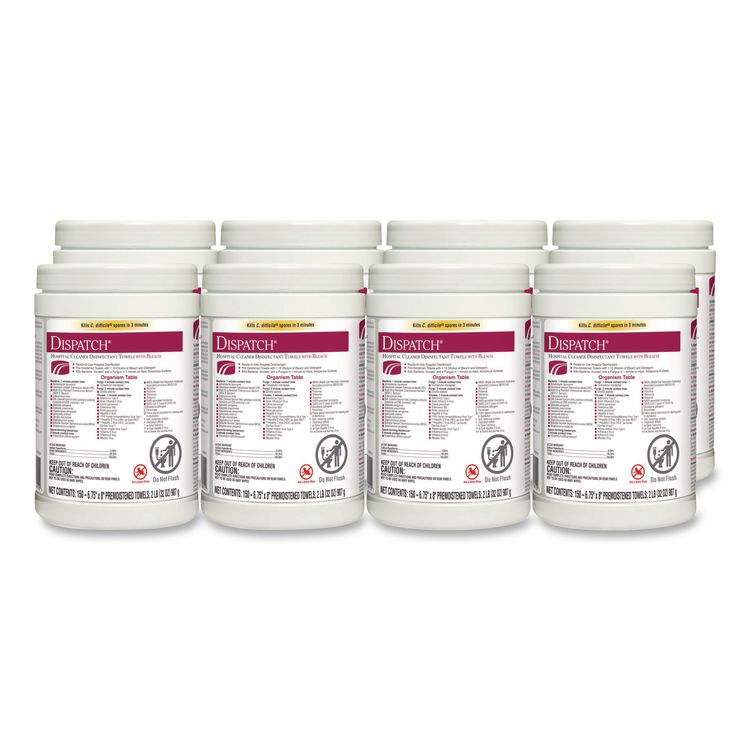 Dispatch Hospital Cleaner Disinfectant Towels w/Bleach, 1-Ply, 6.75 x 8, Unscented, White, 150/Canister, 8 Canisters/Carton