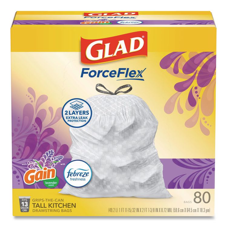 ForceFlex Kitchen Drawstring Trash Bags, 13 gal, Gain Lavender with Febreze Freshness, 24 x 27.38, White, 80/Box