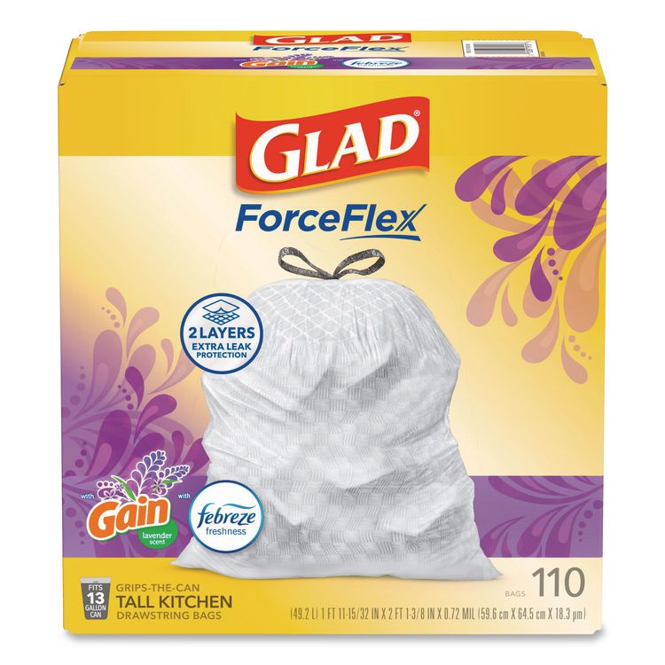 ForceFlex Tall Kitchen Drawstring Trash Bags, 13 gal, Gain Lavender with Febreze Freshness, 10.18 x 9.81, White, 110/Box