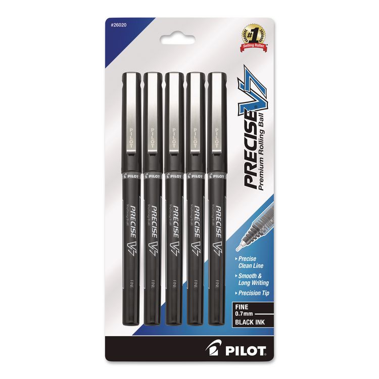 Precise V7 RollerBall Pen, Stick, Fine 0.7 mm, Black Ink, Black/Clear Barrel, 5/Pack