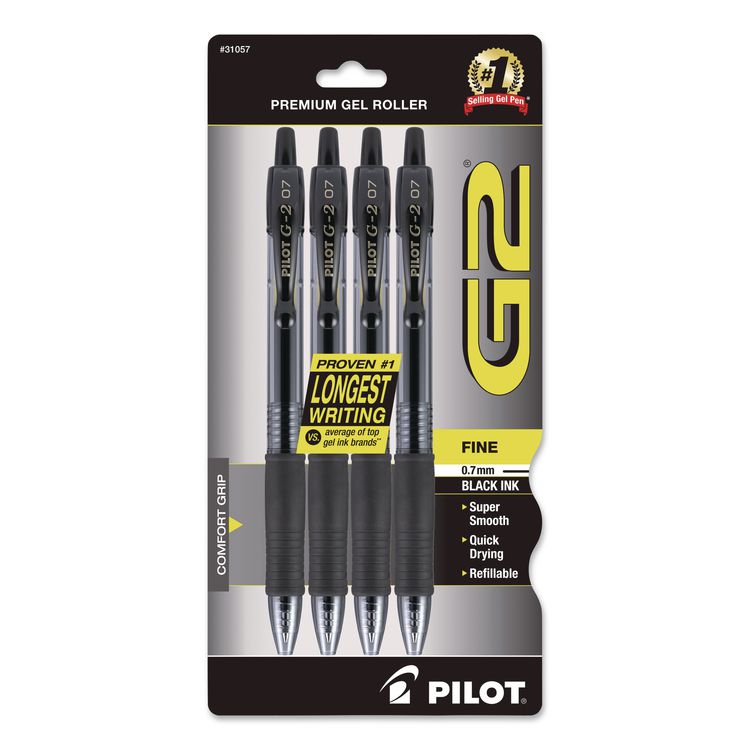 G2 Premium Gel Pen, Retractable, Fine 0.7 mm, Black Ink, Smoke/Black Barrel, 4/Pack