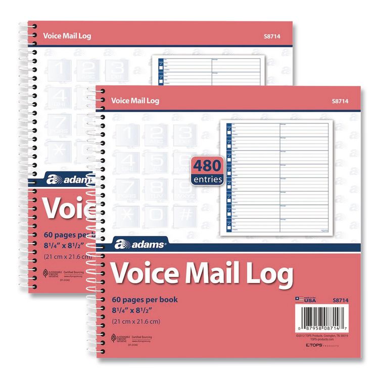 Voice Mail Log Books, One-Part (No Copies), 8.25 x 8.5, 8 Forms/Sheet, 480 Forms Total, 2/Pack