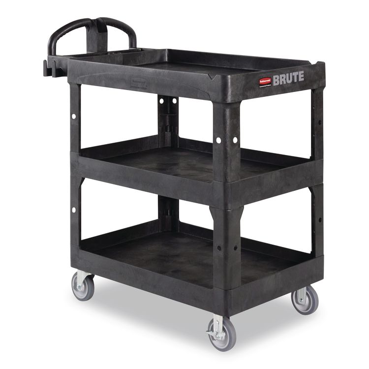 BRUTE 3-Shelf Heavy-Duty Ergo Lipped Utility Cart, Resin, 3 Shelves, 600 lb Capacity, 25.24" x 44" x 47", Black