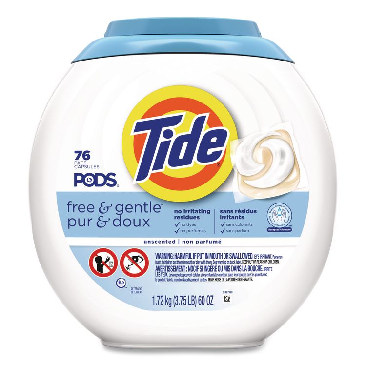 PODS Laundry Detergent, HE Compatible, Free and Gentle, 56 oz Tub, 76 Pacs/Tub