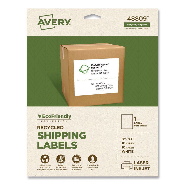 EcoFriendly Recycled Shipping Labels, Inkjet/Laser, 8.5 x 11, White, 1/Sheet, 10/Pack