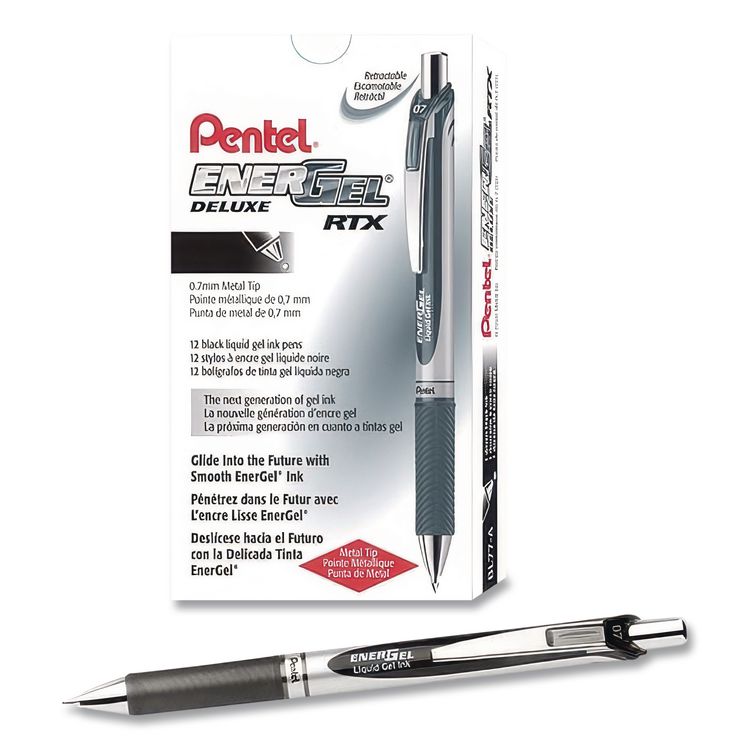 EnerGel RTX Deluxe Gel Pen, Retractable, Medium 0.7 mm, Black Ink, Silver/Black Barrel, Dozen