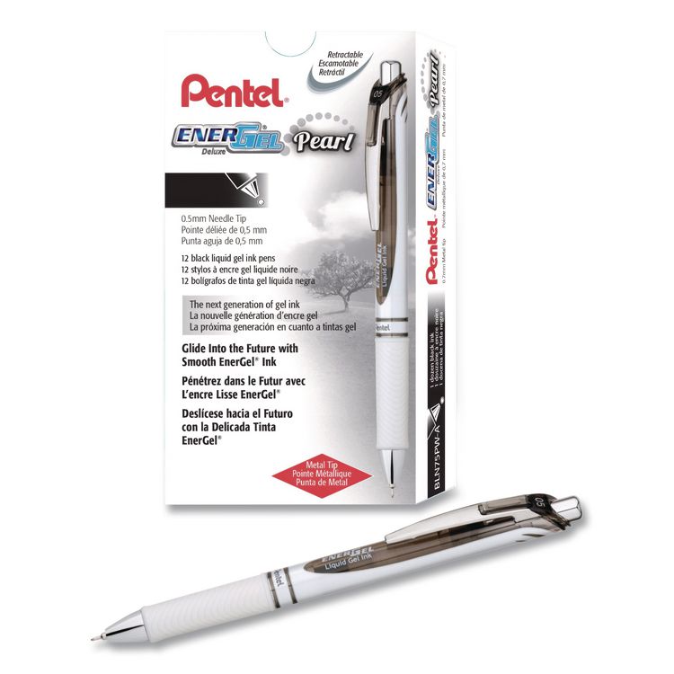 EnerGel Pearl Deluxe RTX Gel Pen, Retractable, Fine 0.5 mm, Black Ink, Pearl White/Black Barrel, Dozen