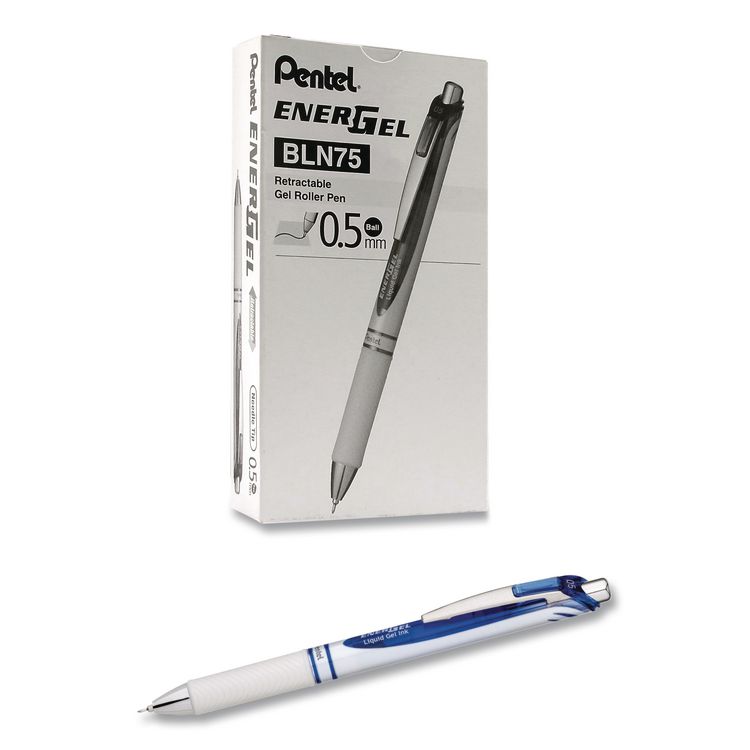 EnerGel Pearl Deluxe RTX Gel Pen, Retractable, Fine 0.5 mm, Blue Ink, Pearl White/Black Barrel, Dozen