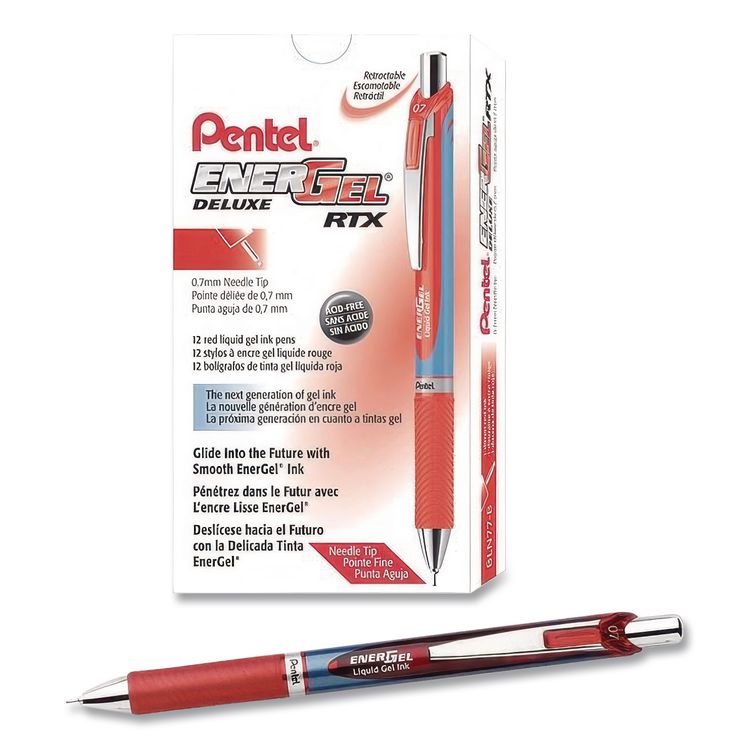 EnerGel RTX Deluxe Gel Pen, Retractable, Medium 0.7 mm, Red Ink, Red/Blue Barrel, Dozen