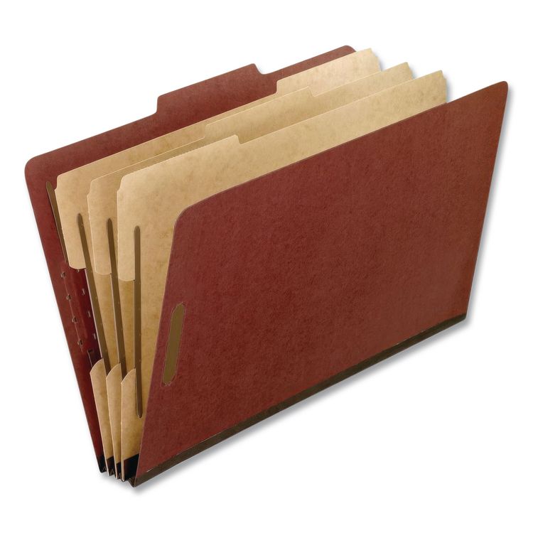Heavy-Duty Pressboard Classification Folder, 2/5-Cut Tab, Expands 2", 3 Dividers, 8 Fasteners, Legal Size, Brick Red, 10/Box