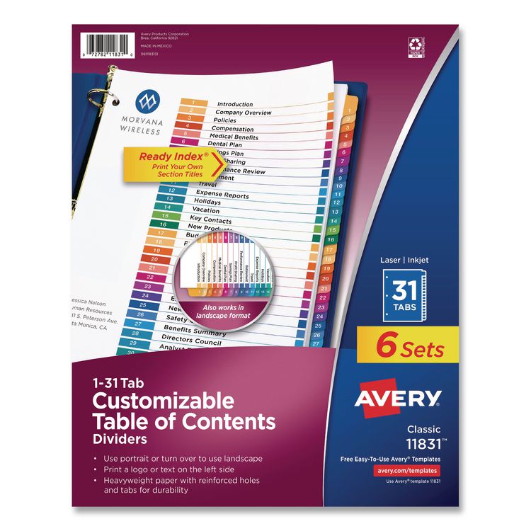customizable table of contents ready index multicolor dividers, 31-tab, 1 to 31, 11 x 8.5, white, 6 sets