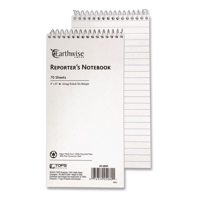 Earthwise by Ampad Recycled Reporter's Notepad, White Cover, Gregg Rule, (70) White 4 x 8 Sheets, Dozen