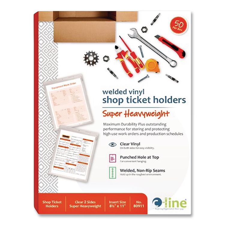 Clear Vinyl Shop Ticket Holders, Super Heavy-Duty, Top Load 8.5 x 11 Insert, Clear Front, 50/Box