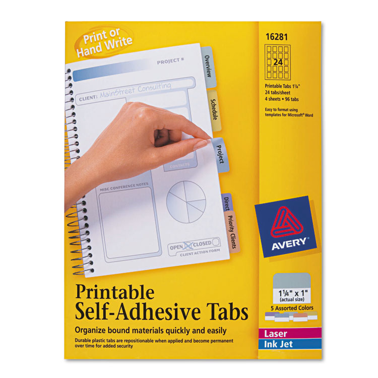 Picture of Printable Plastic Tabs with Repositionable Adhesive, 1 1/4, Assorted, 96/Pack