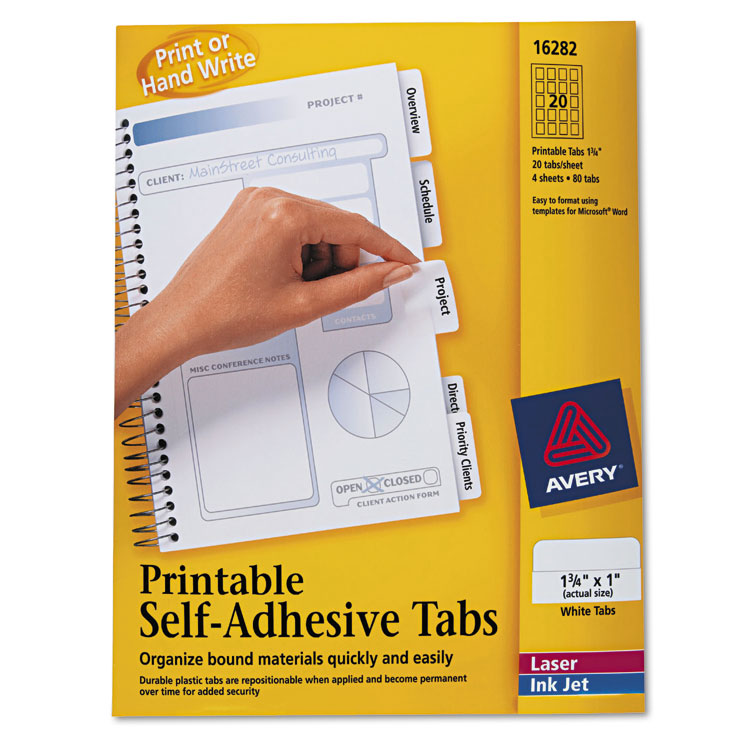 Picture of Printable Plastic Tabs with Repositionable Adhesive, 1 3/4, White, 80/Pack