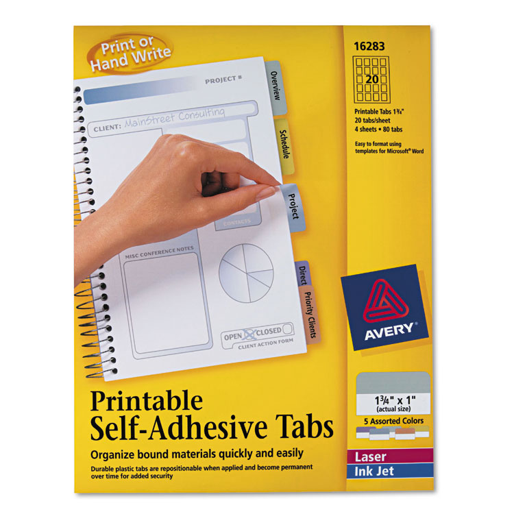 Picture of Printable Plastic Tabs with Repositionable Adhesive, 1 3/4, Assorted, 80/Pack