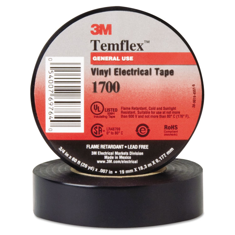 Temflex Vinyl Electrical Tape 1700 69764, 0.75 x 60 ft, Black