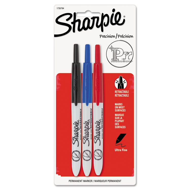 Picture of Retractable Permanent Marker, Ultra Fine Tip, Black, Blue, Red, 3/Set