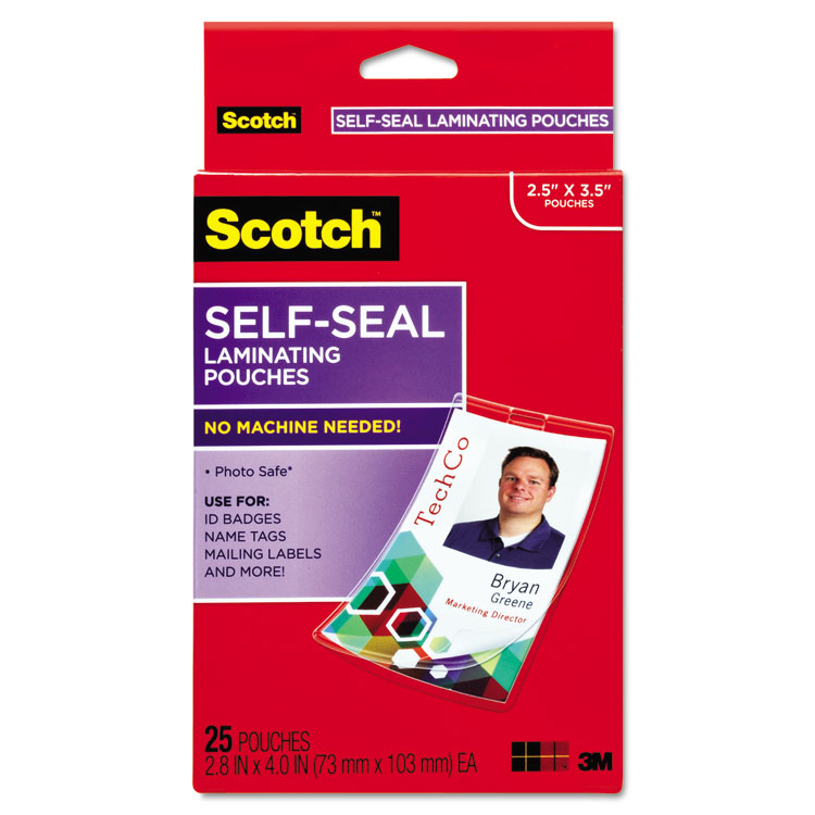 Picture of Self-Sealing Laminating Pouches w/Clip, 12.5 mil, 2 15/16 x 4 1/16, 25/Pack
