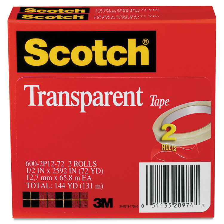 Picture of Transparent Tape 600 2P12 72, 1/2" x 2592", 3" Core, Transparent, 2/Pack