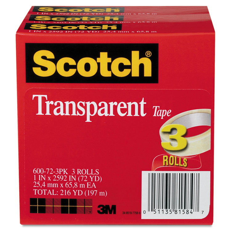 Picture of Transparent Tape 600 72 3PK, 1" x 2592", 3" Core, Transparent, 3/Pack