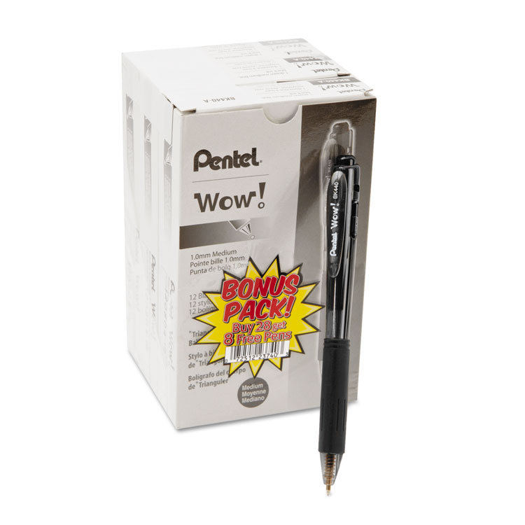 Picture of Pen, Ballpoint , Retractable, WOW! , 1mm, Black Barrel, Black Ink, 36/Pack