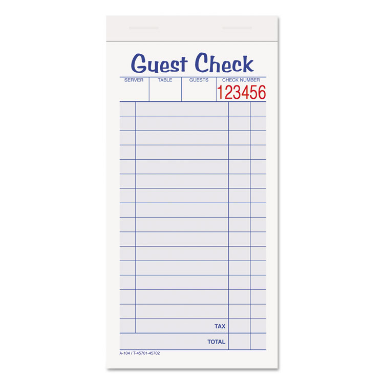Picture of Guest Check Unit Set, Carbonless Duplicate, 6 7/8 x 3 3/8, 50 Forms, 10/Pack