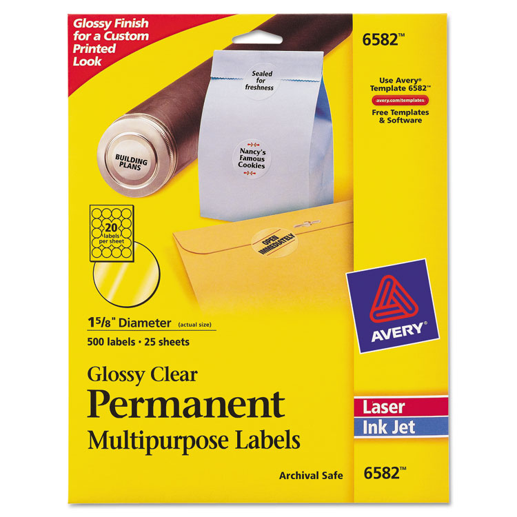 Picture of Round Print-to-the-Edge Permanent Labels, 1 2/3" dia, Glossy Clear, 500/Pack