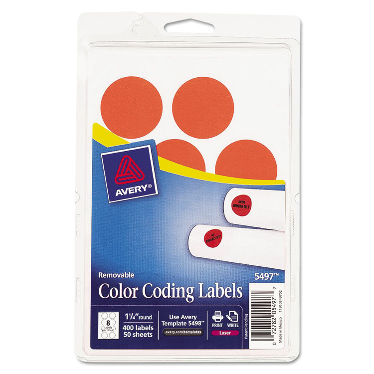 Picture of Printable Removable Color-Coding Labels, 1 1/4" dia, Neon Red, 400/Pack