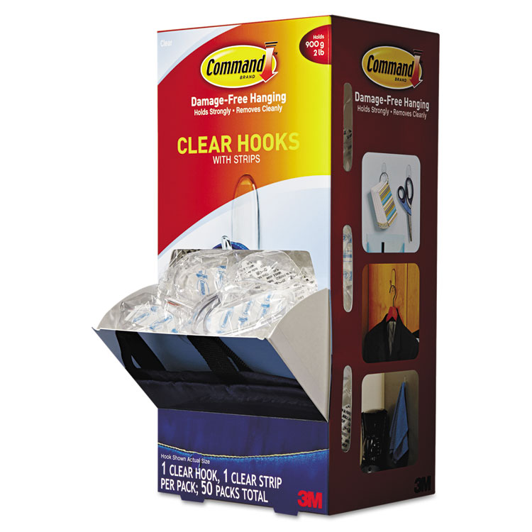 Picture of Clear Hooks & Strips, Plastic, Medium, 50 Hooks w/50 Adhesive Strips per Carton