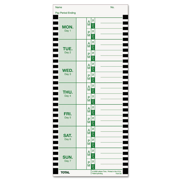 Picture of Time Card for Lathem Model 800P, 4 x 9, Weekly, 1-Sided, 100/Pack