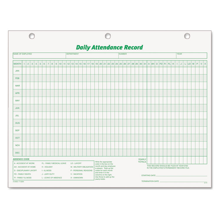Picture of Daily Attendance Card, 8 1/2 x 11, 50 Forms