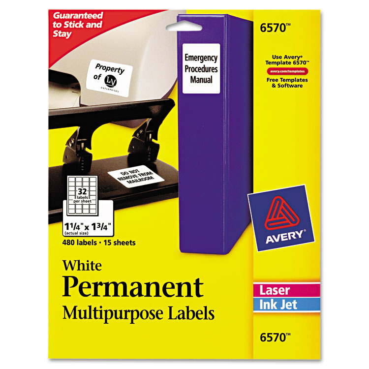 Picture of Permanent ID Labels, Inkjet/Laser, 1 1/4 x 1 3/4, White, 480/Pack