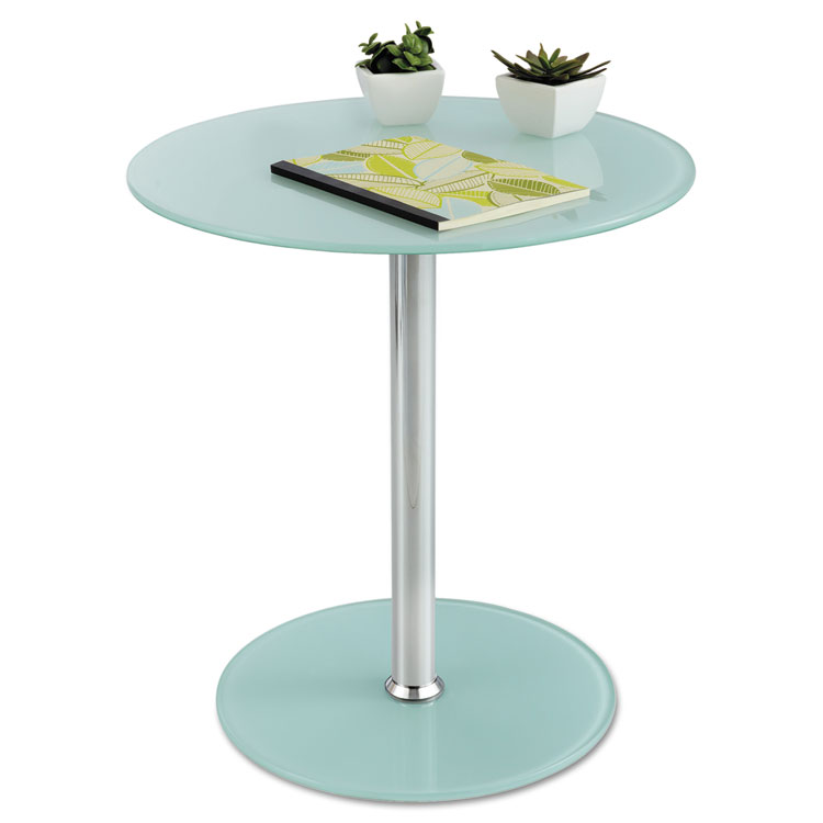 Glass Accent Table, Tempered Glass/Steel, 17" Dia. x 19" High, White/Silver