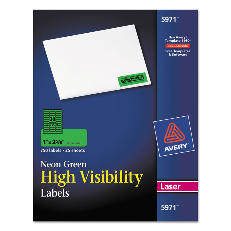 Picture of High-Visibility Permanent ID Labels, Laser, 1 x 2 5/8, Neon Green, 750/Pack