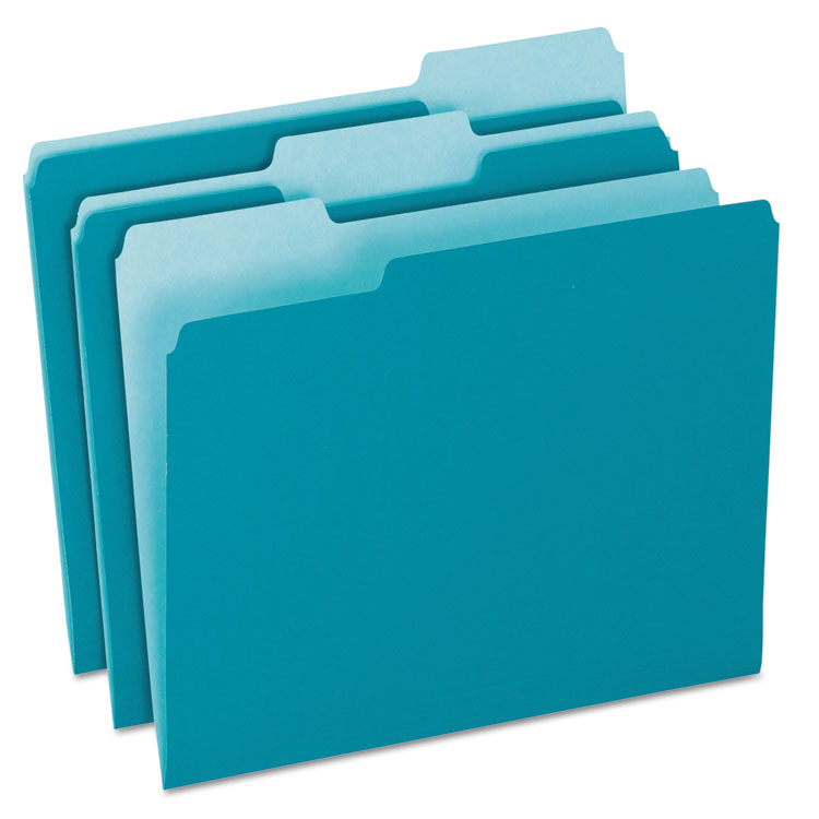 Picture of Colored File Folders, 1/3 Cut Top Tab, Letter, Teal/Light Teal, 100/Box