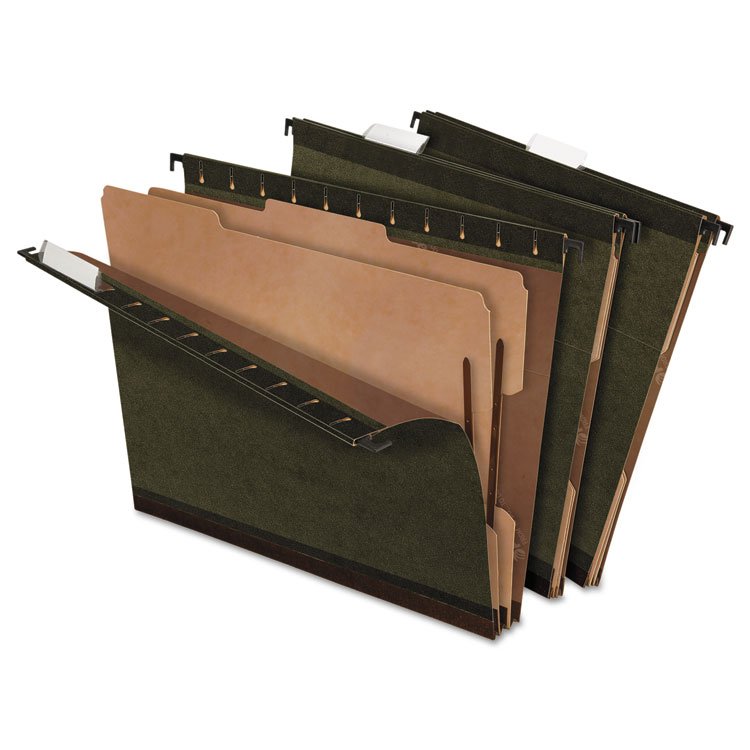 Picture of SureHook Reinforced Hanging Folder, 2 Dividers, Letter, 1/5 Tab, Green, 10/Box