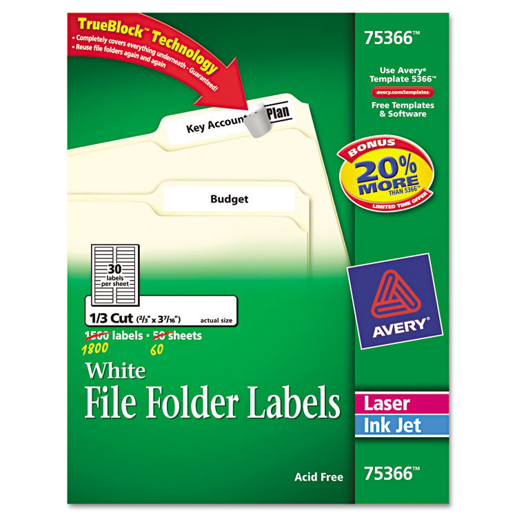 Picture of Permanent File Folder Labels, TrueBlock, Inkjet/Laser, White, 1800/Box