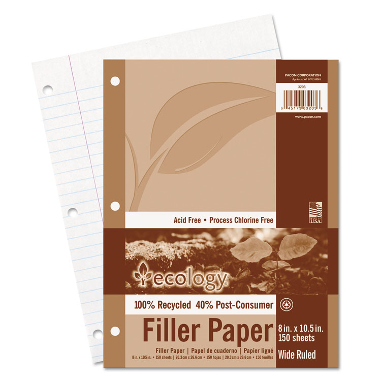Picture of Ecology Filler Paper, 8 x 10-1/2, Wide Ruled, 3-Hole Punch, White, 150 Sheets/PK