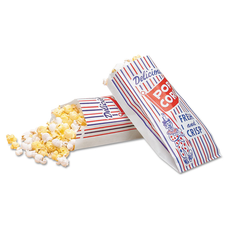Picture of Pinch-Bottom Paper Popcorn Bag, 4w x 1-1/2d x 8h, Blue/Red/White, 1000/Carton