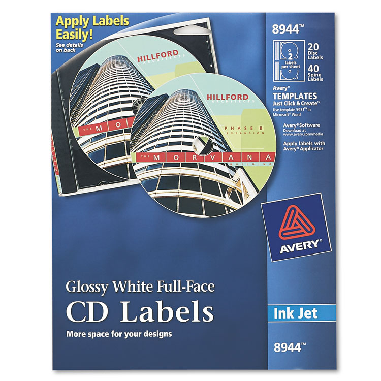 Picture of Inkjet Full-Face CD Labels, Glossy White, 20/Pack
