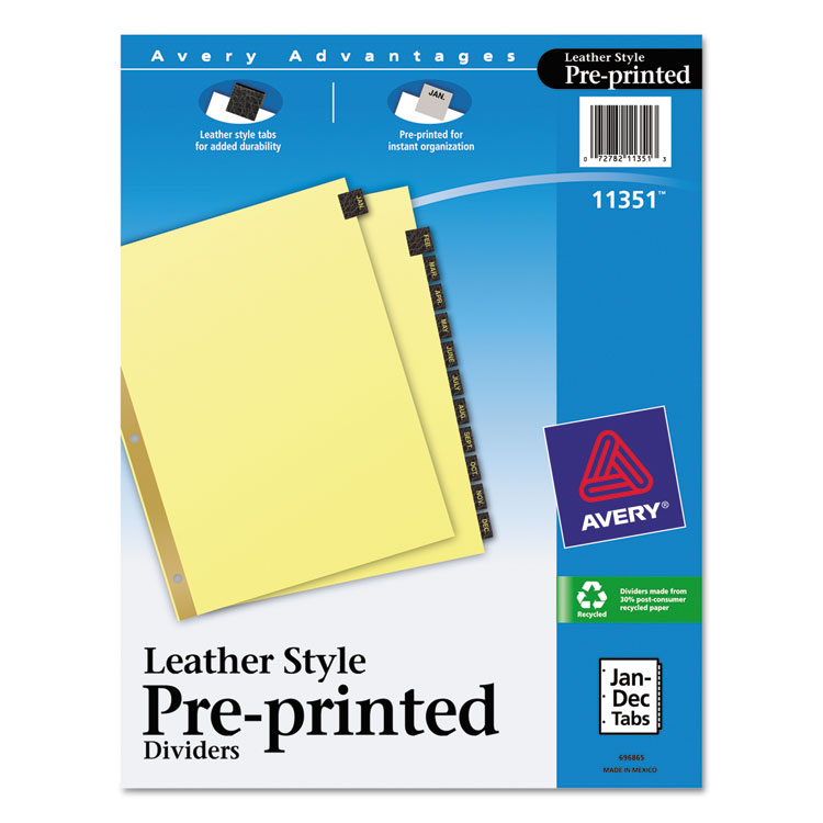 Picture of Preprinted Black Leather Tab Dividers w/Gold Reinforced Edge, 12-Tab, Ltr