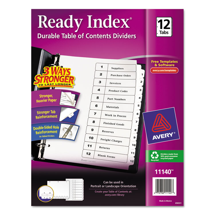 Picture of Ready Index Customizable Table of Contents Black & White Dividers, 12-Tab, Ltr