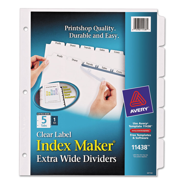 Picture of Print & Apply Clear Label Dividers w/White Tabs, 5-Tab, 11 1/4 x 9 1/4