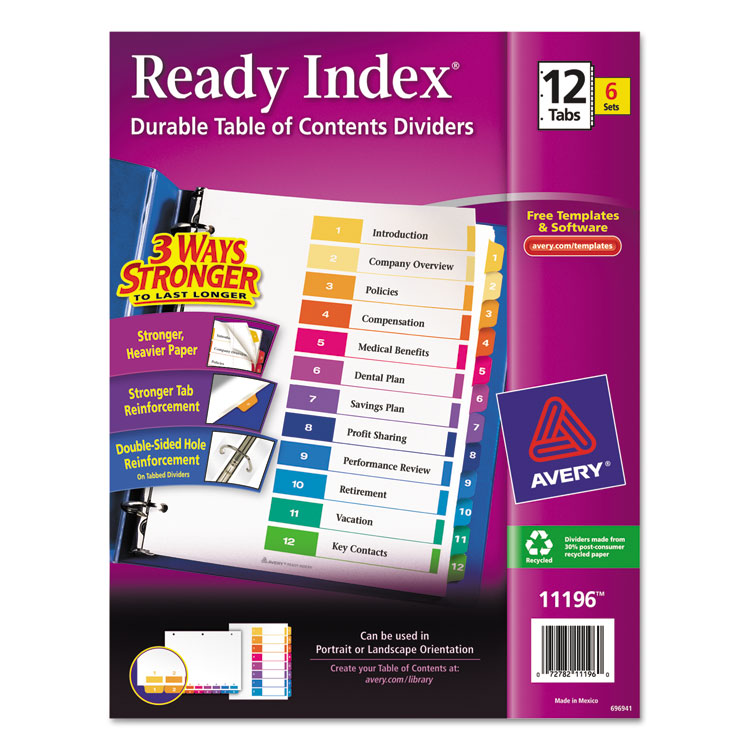 Picture of Ready Index Customizable Table of Contents, Asst Dividers, 12-Tab, Ltr, 6 Sets