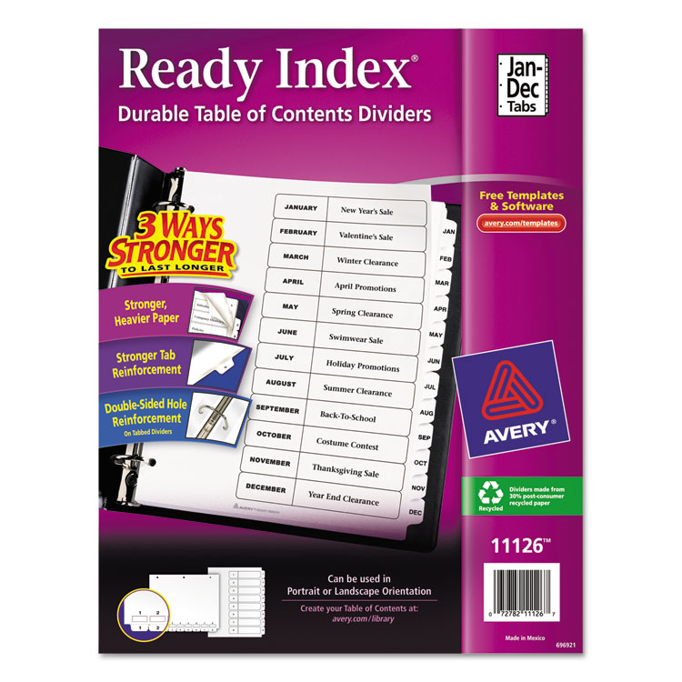 Picture of Ready Index Customizable Table of Contents Black & White Dividers, 12-Tab, Ltr