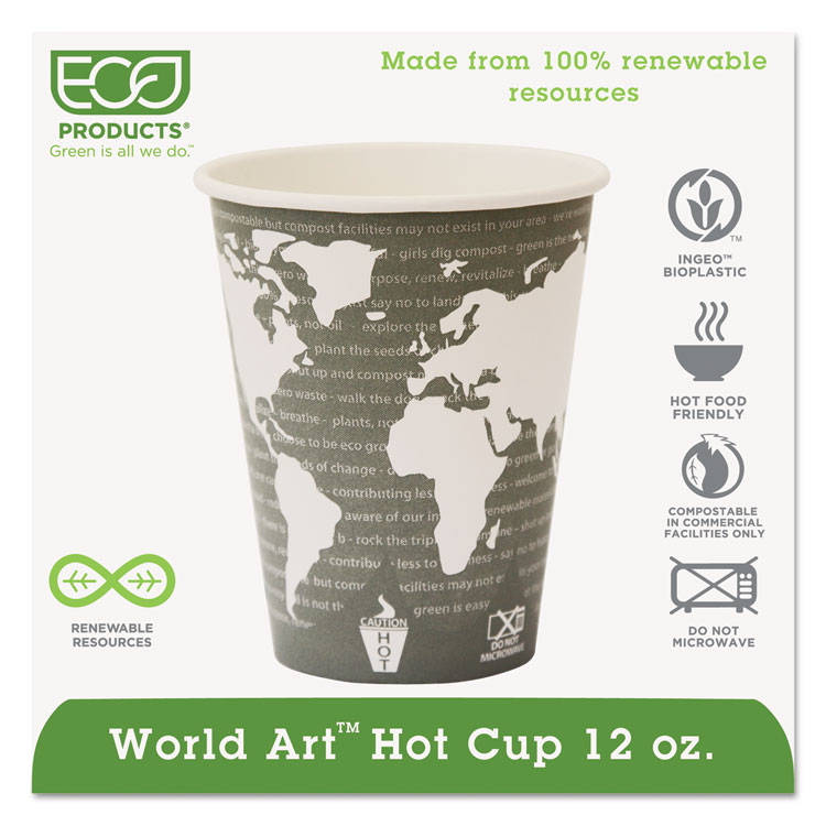 Picture of World Art Renewable Compostable Hot Cups, 12 Oz., 50/pk, 20 Pk/ct