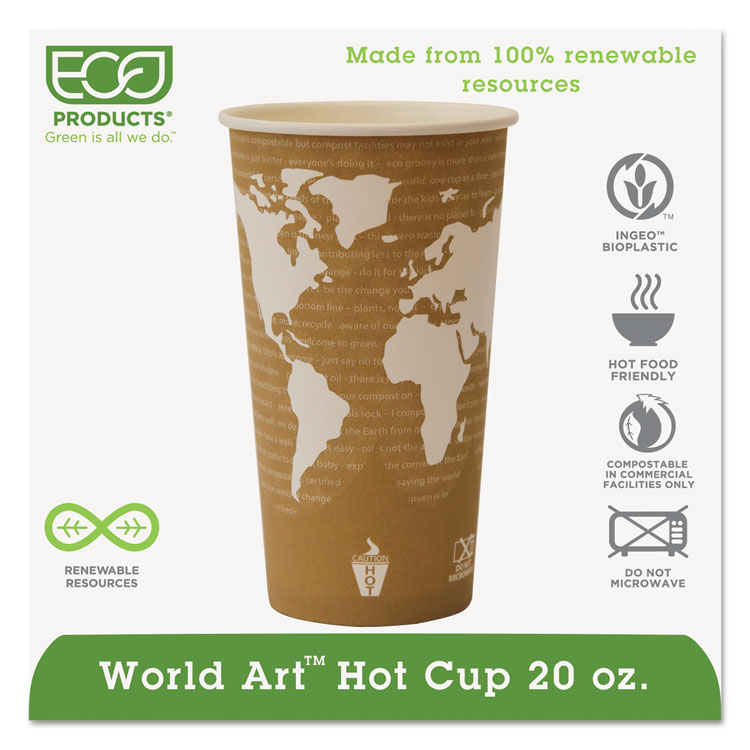 Picture of World Art Renewable Compostable Hot Cups, 20 Oz., 50/pk, 20 Pk/ct