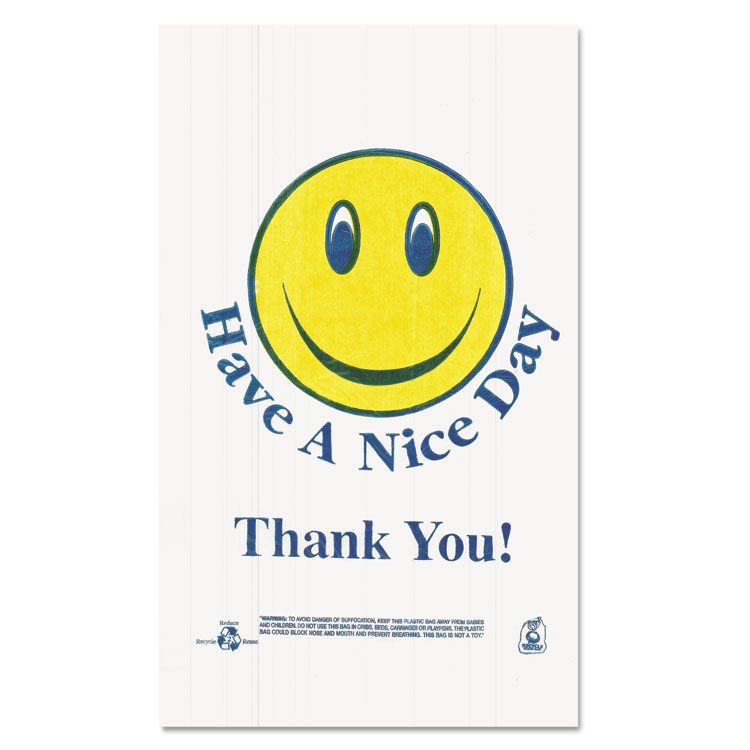 Picture of Smiley Face Shopping Bags, 12.5 Microns, White, 900/carton