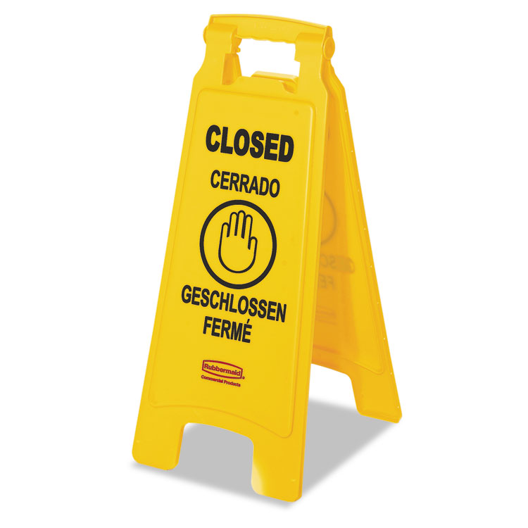 Picture of Multilingual "Closed" Sign, 2-Sided, Plastic, 11w x 1.5d x 26h, Yellow